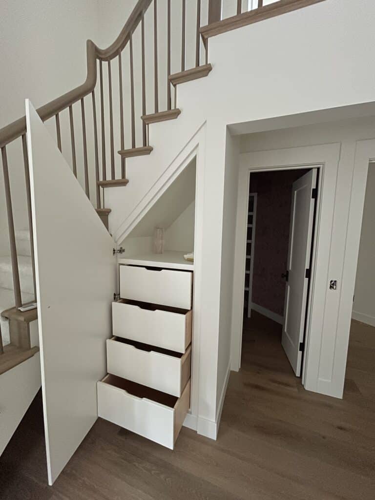 staircase and living room after cleaning